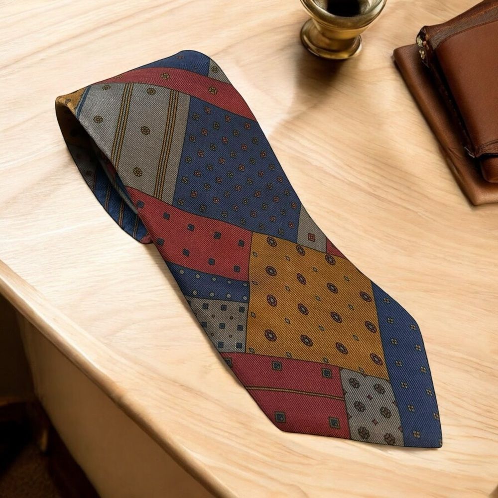 Yves Saint Laurent 100% Silk Neck Tie Maroon Red Gold Patchwork Quilt Print Luxe